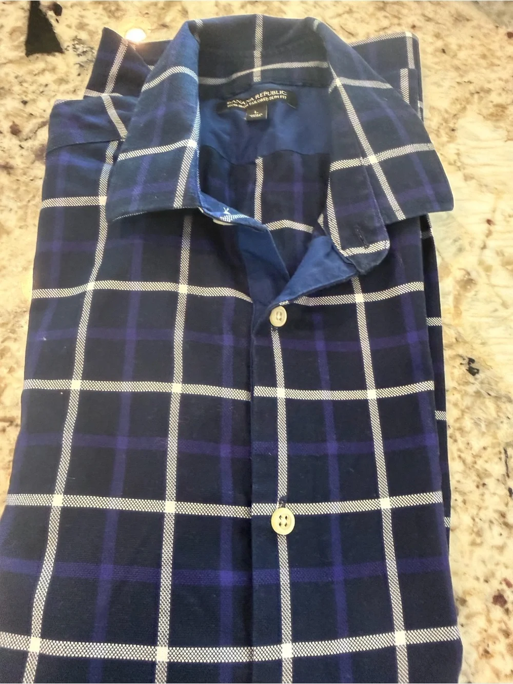 Banana Republic Non-Iron Tailored Slim Fit Plaid Shirt Navy White Men's L